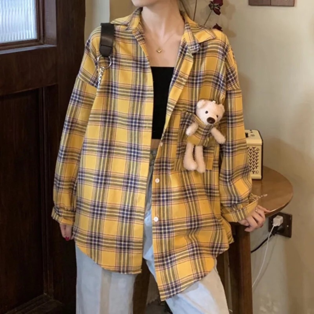 Plaid shirt flannel Bear plush button yellow gold stripe pocket y2k Kawaii